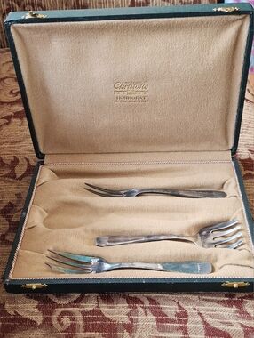 Silver Plate Alfenide Serving Fork Set in Green Case by Christofle